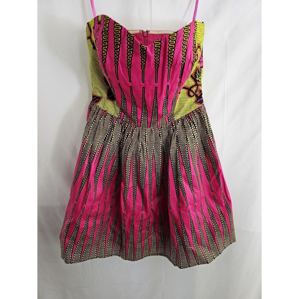 Boxing Kitten Urban Outfitters Size 6 Bustier Dress Pink Yellow African Print